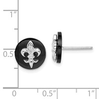 Sterling Silver Rhodium-plated CZ Fleur De Lis Onyx Circle Stud Earrings view 4