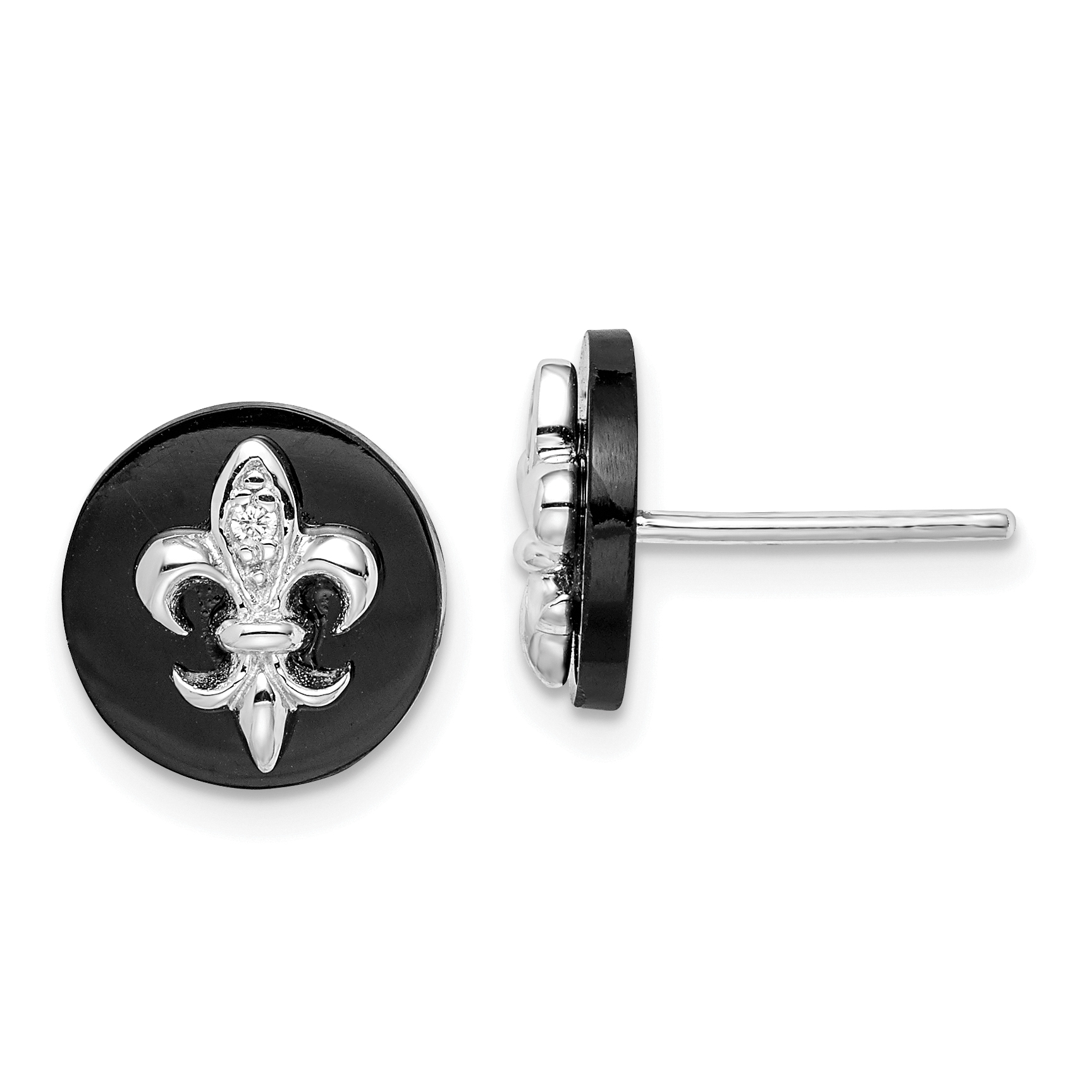 Sterling Silver Rhodium-plated CZ Fleur de Lis Onyx Circle Stud Earrings (QE9089)
