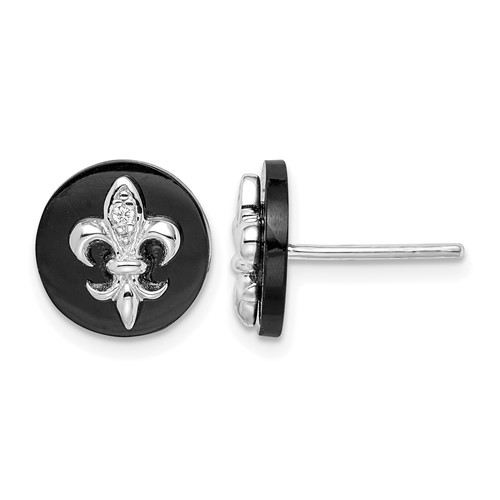 Sterling Silver Rhodium-plated CZ Fleur De Lis Onyx Circle Stud Earrings