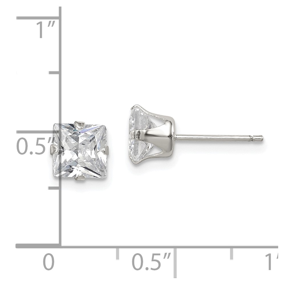 Sterling Silver Polished Princess 6mm CZ Snap Set Stud Earrings (QE9104)