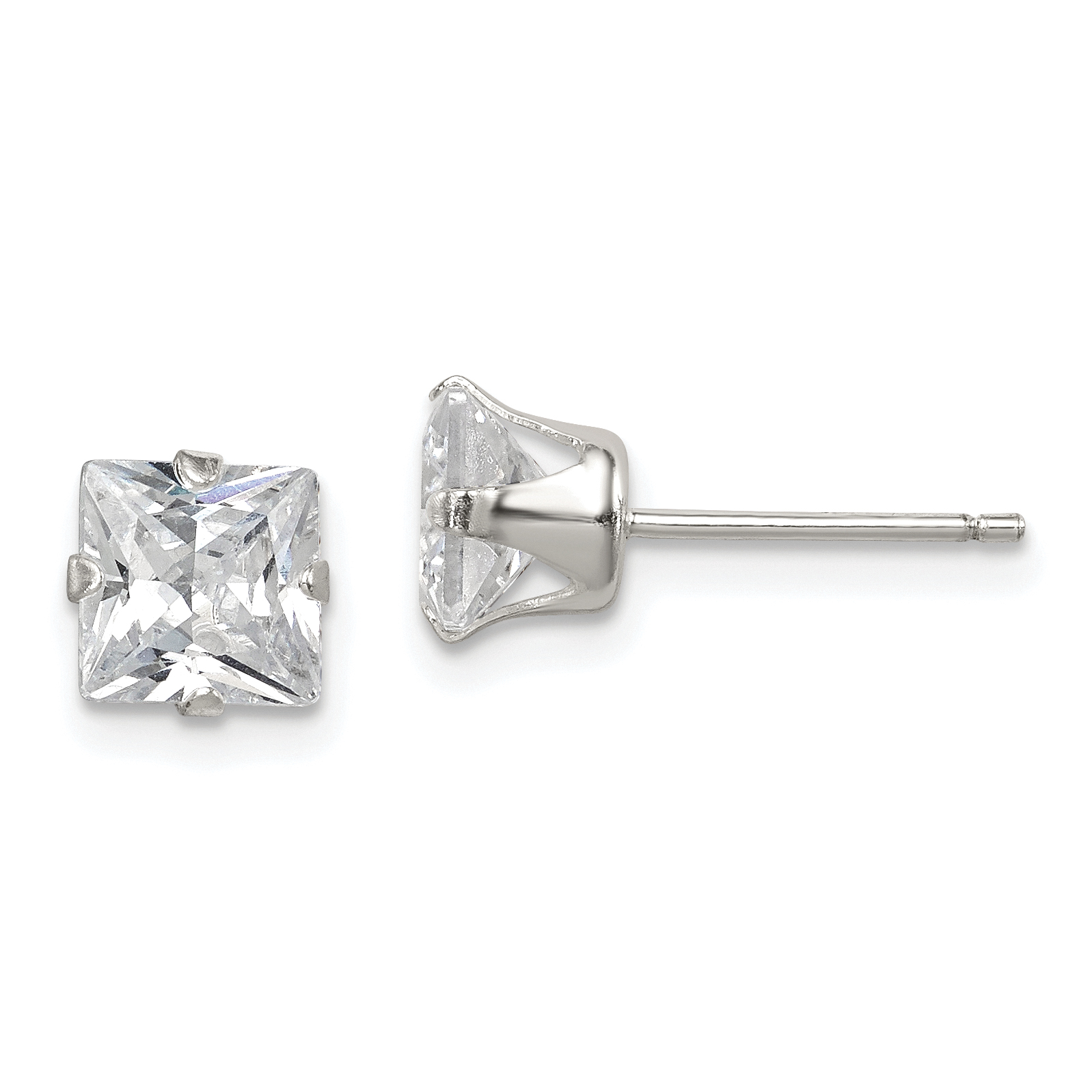 Sterling Silver Polished Princess 6mm CZ Snap Set Stud Earrings (QE9104)
