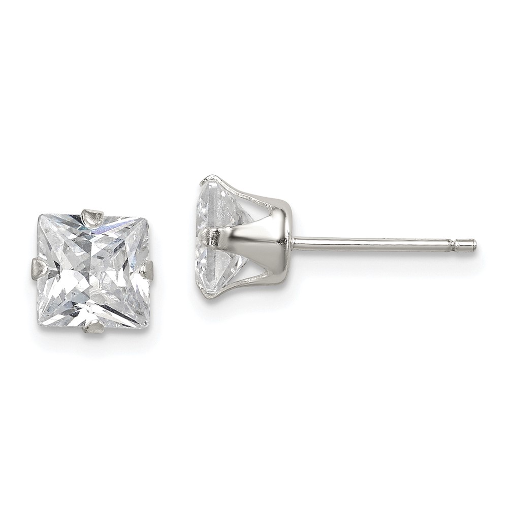 Sterling Silver Polished Princess 6mm CZ Snap Set Stud Earrings (QE9104)