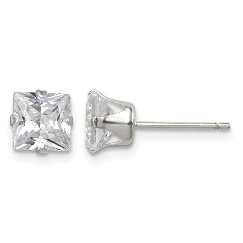 Sterling Silver Polished Princess 6mm CZ Snap Set Stud Earrings
