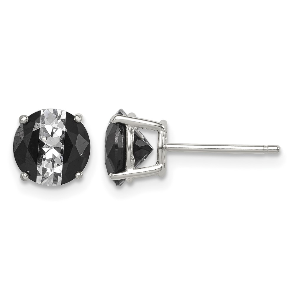 Sterling Silver RH-pltd Black White 7mm Round CZ Basket Set Stud Earrings