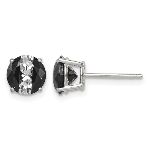 Sterling Silver RH-pltd Black White 7mm Round CZ Basket Set Stud Earrings