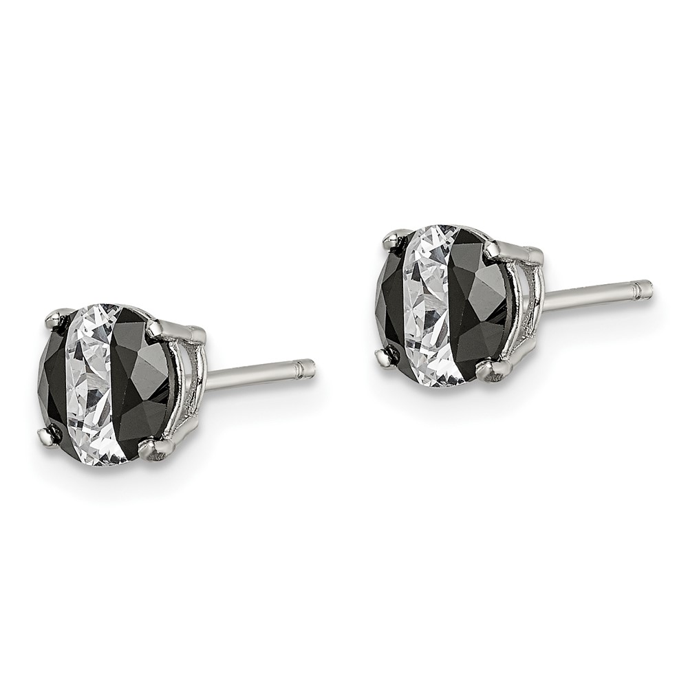 Sterling Silver RH-pltd Black/White 6mm Round CZ Basket Set Stud Earrings (QE9110)