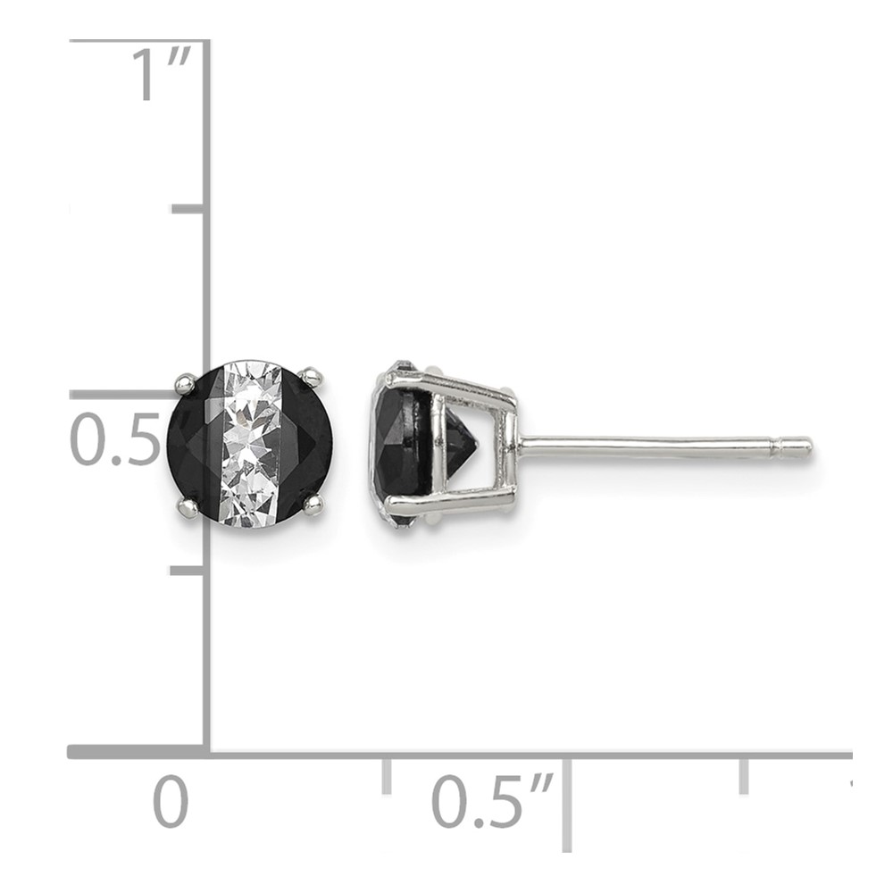 Sterling Silver RH-pltd Black/White 6mm Round CZ Basket Set Stud Earrings (QE9110)