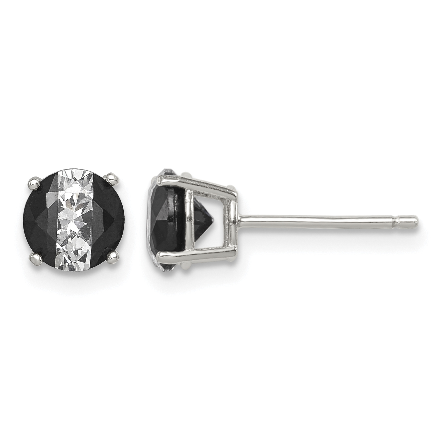 Sterling Silver RH-pltd Black/White 6mm Round CZ Basket Set Stud Earrings (QE9110)