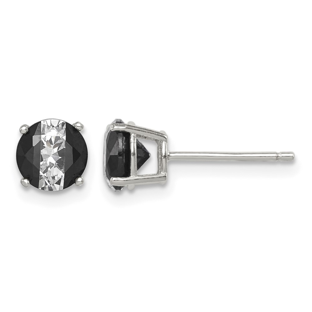 Sterling Silver RH-pltd Black White 6mm Round CZ Basket Set Stud Earrings