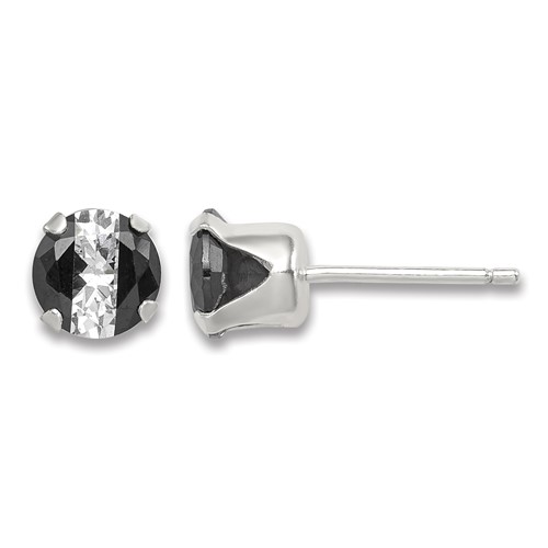 Sterling Silver Black & White 6mm Round CZ Snap-in Set Stud Earrings