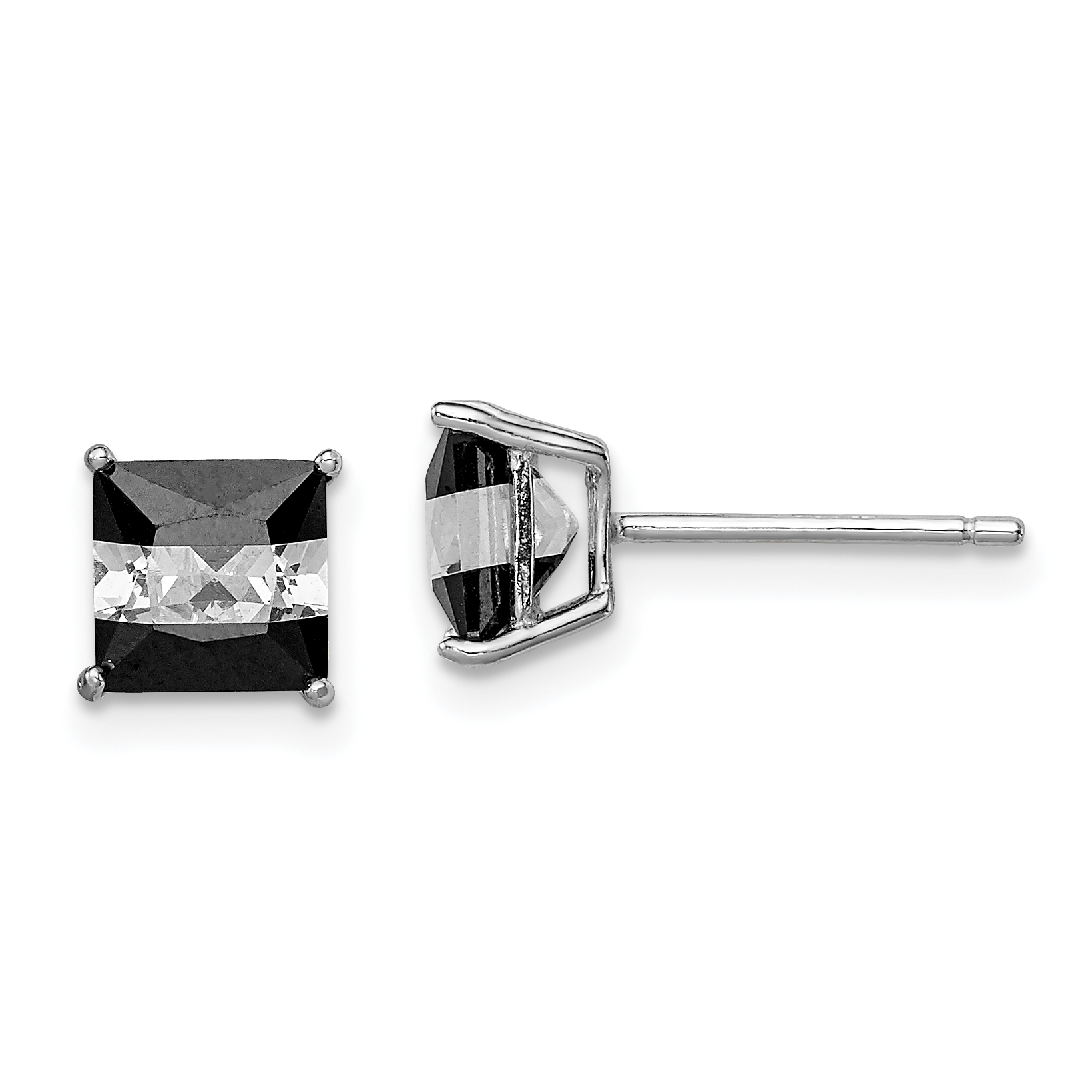 Sterling Silver RH-plated Black & White Square 6mm CZ Stud Earrings (QE9112)