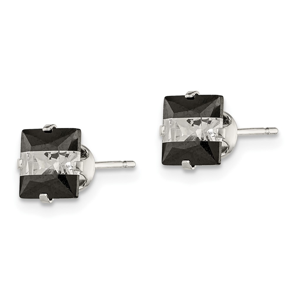 Sterling Silver Black & White 6mm Square CZ Snap-in Set Stud Earrings (QE9113)