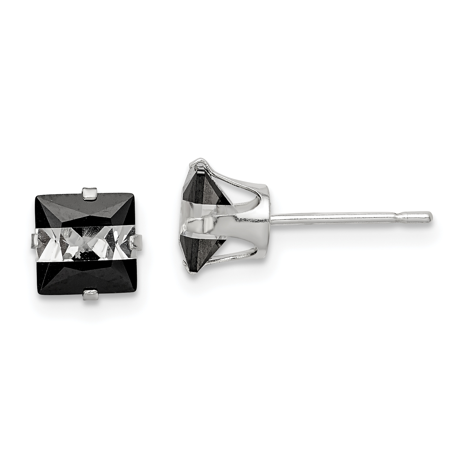 Sterling Silver Black & White 6mm Square CZ Snap-in Set Stud Earrings (QE9113)