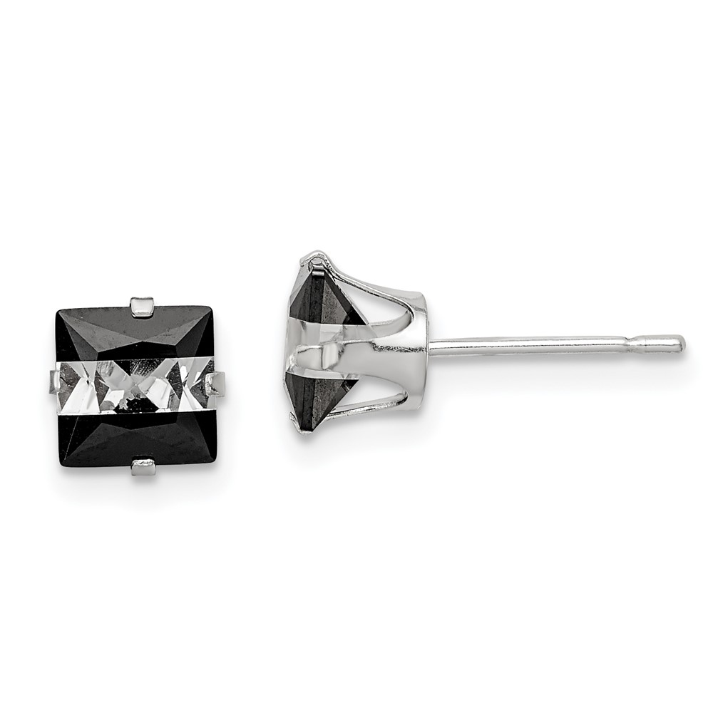Sterling Silver Black & White 6mm Square CZ Snap-in Set Stud Earrings (QE9113)