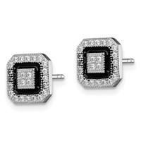 Sterling Silver RH-plated Black Enamel & Pavé CZ Square Halo Post Earrings view 2
