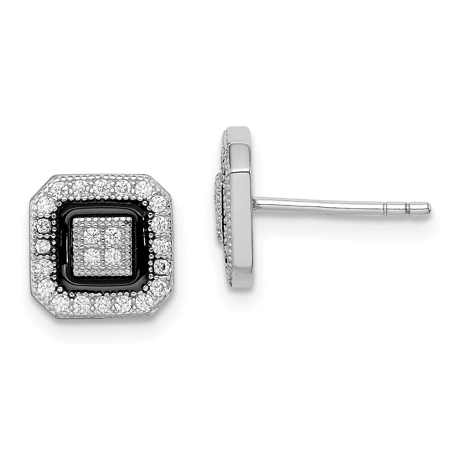 Sterling Silver RH-plated Black Enamel & PavÃ© CZ Square Halo Post Earrings (QE9117)