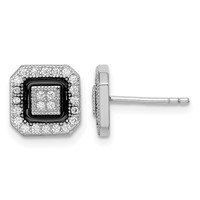 Sterling Silver RH-plated Black Enamel & Pavé CZ Square Halo Post Earrings view 1