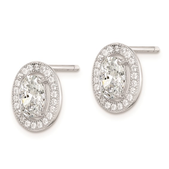 Sterling Silver Rhodium-plated Polished Pavé CZ Oval Post Earrings