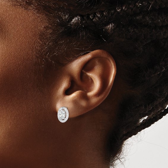 Sterling Silver Rhodium-plated Polished Pavé CZ Oval Post Earrings