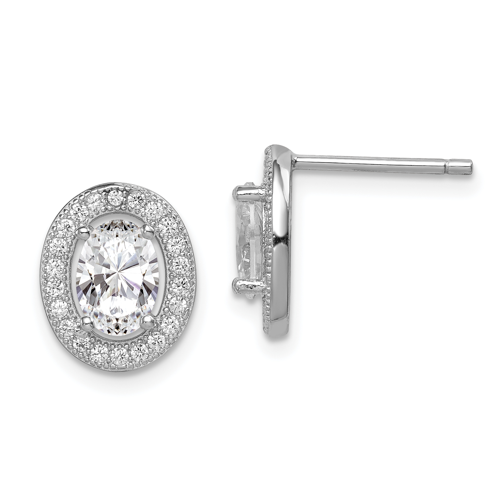 Sterling Silver Rhodium-plated Polished PavÃ© CZ Oval Post Earrings (QE9148)