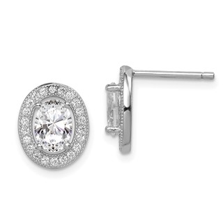 Sterling Silver Rhodium-plated Polished Pavé CZ Oval Post Earrings