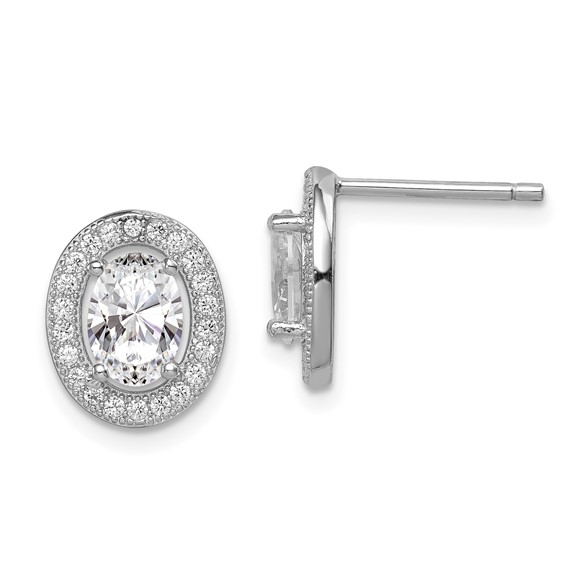 Sterling Silver Rhodium-plated Polished Pavé CZ Oval Post Earrings