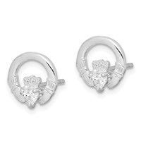 Sterling Silver Rhodium-plated CZ Heart Claddagh Post Earrings view 2