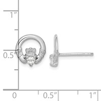 Sterling Silver Rhodium-plated CZ Heart Claddagh Post Earrings view 4