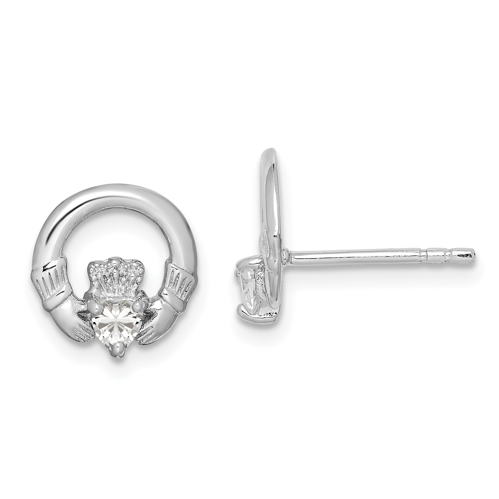 Sterling Silver Rhodium-plated CZ Heart Claddagh Post Earrings (QE9222)