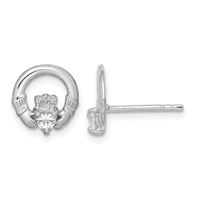 Sterling Silver Rhodium-plated CZ Heart Claddagh Post Earrings view 1
