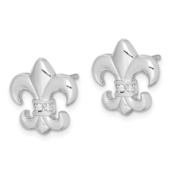 Sterling Silver Rhodium-plated Polished CZ Fleur de Lis Post Earrings