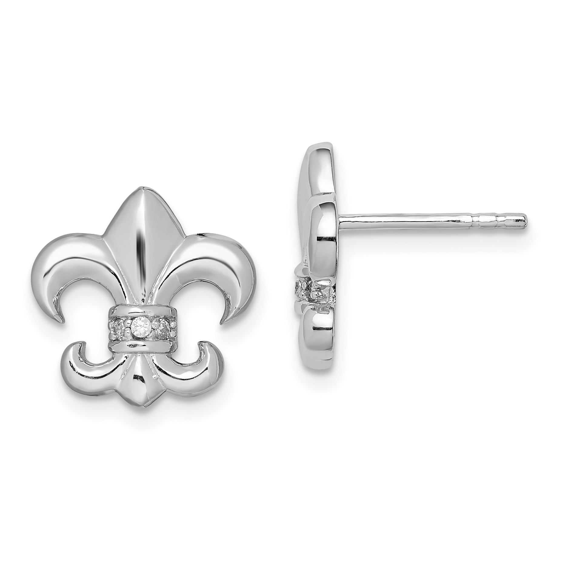 Sterling Silver Rhodium-plated Polished CZ Fleur de Lis Post Earrings (QE9225)
