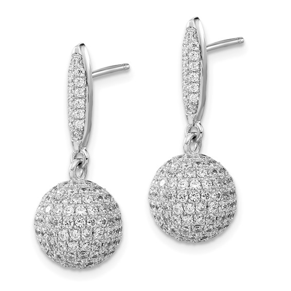 Sterling Silver Rhodium-plated Pavé CZ 3-D Ball Post Dangle Earrings
