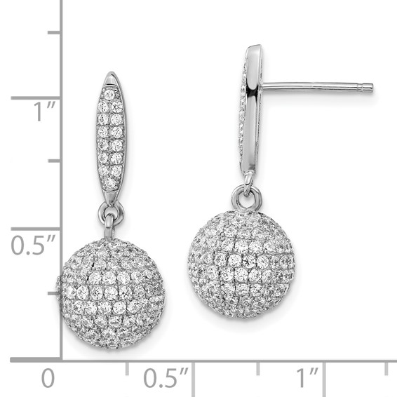 Sterling Silver Rhodium-plated Pavé CZ 3-D Ball Post Dangle Earrings