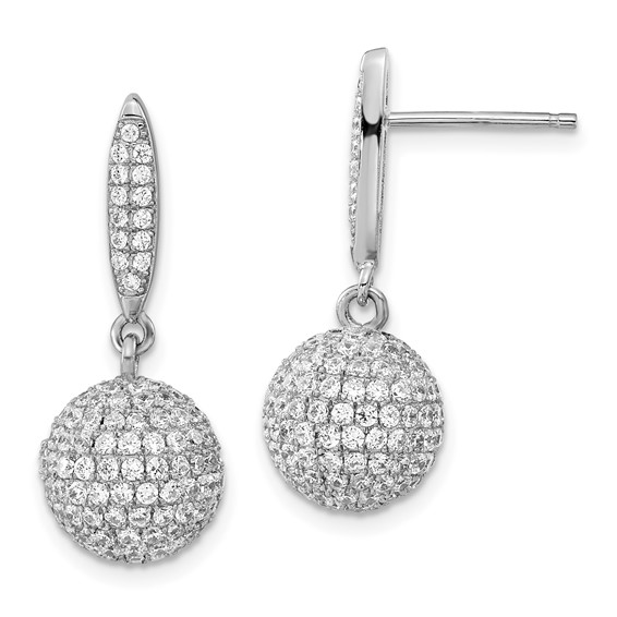 Sterling Silver Rhodium-plated Pavé CZ 3-D Ball Post Dangle Earrings