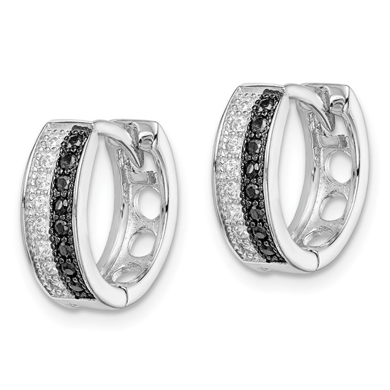 Sterling Silver RH-plated Black & White CZ Hinged Round Hoop Earrings