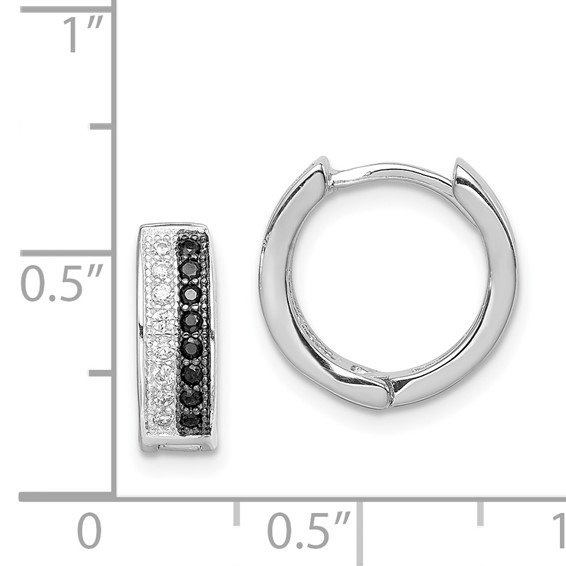 Sterling Silver RH-plated Black & White CZ Hinged Round Hoop Earrings
