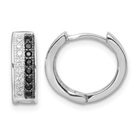 Sterling Silver RH-plated Black & White CZ Hinged Round Hoop Earrings view 1