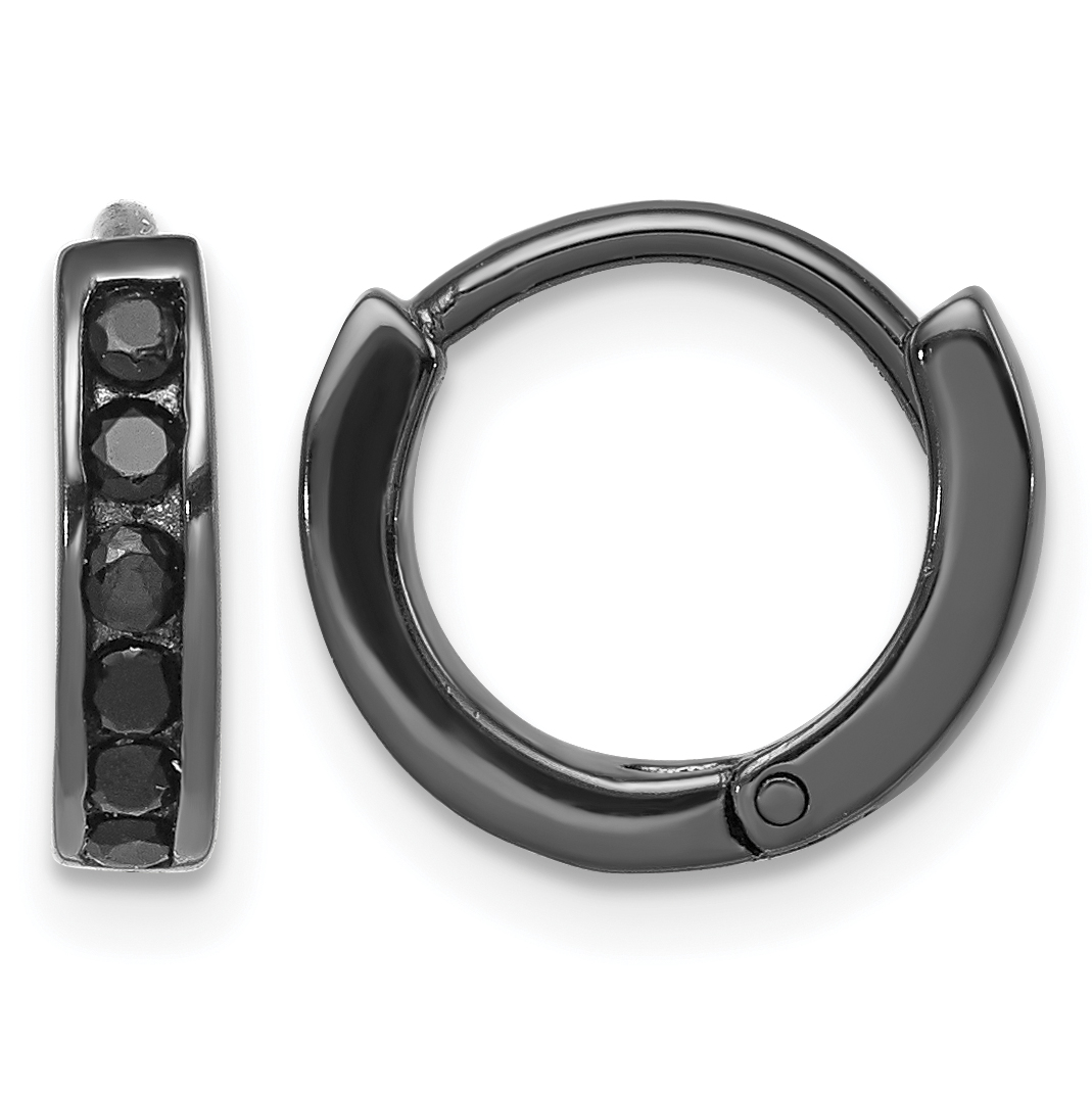 Sterling Silver Black RH-plated Black CZ Hinged Round Hoop Earrings (QE9262)