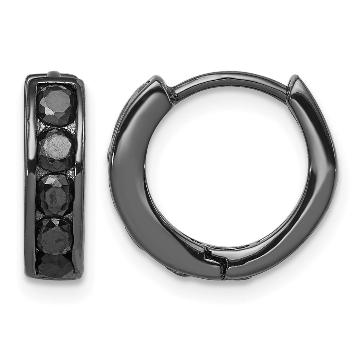 Sterling Silver Black RH-plated Black CZ Hinged 4mm Round Hoop Earrings (QE9263)