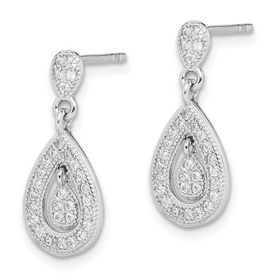 Sterling Silver Rhodium-plated CZ Pavé Pear Dangle Post Earrings