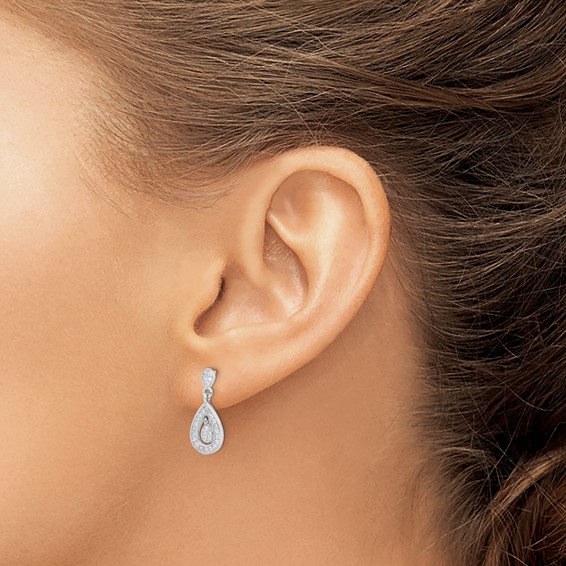 Sterling Silver Rhodium-plated CZ Pavé Pear Dangle Post Earrings