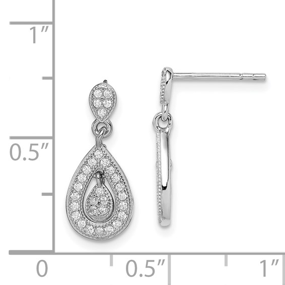 Sterling Silver Rhodium-plated CZ Pavé Pear Dangle Post Earrings