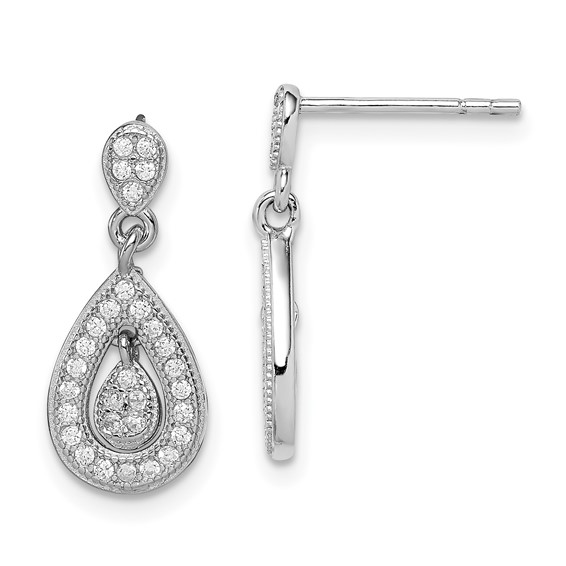 Sterling Silver Rhodium-plated CZ Pavé Pear Dangle Post Earrings