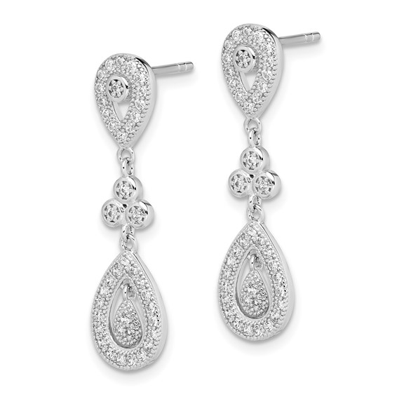 Sterling Silver Rhodium-plated CZ Pavé Pear Dangle Post Earrings