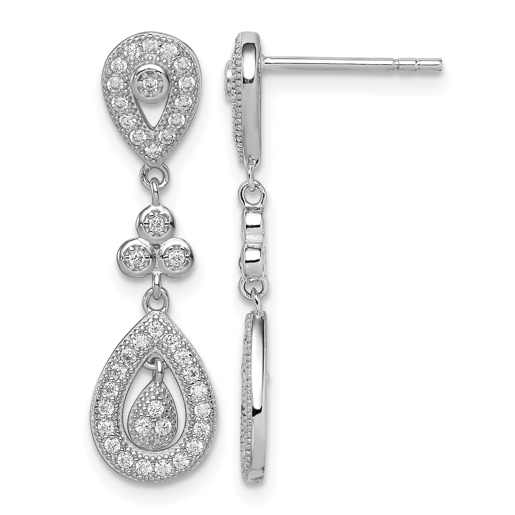Sterling Silver Rhodium-plated CZ PavÃ© Pear Dangle Post Earrings (QE9289)
