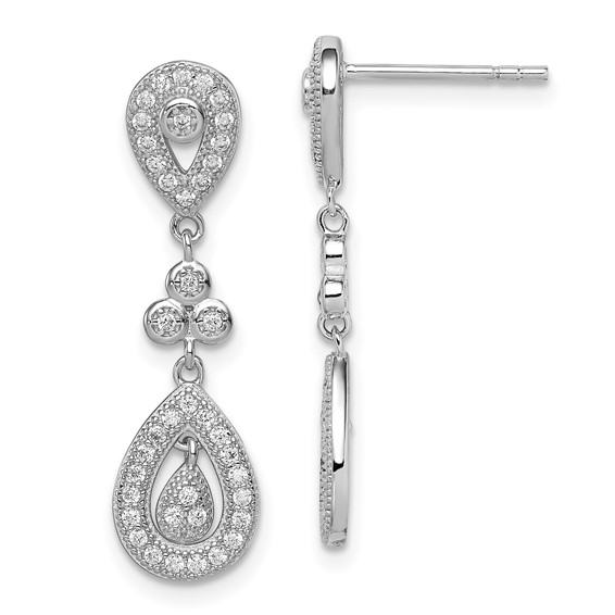 Sterling Silver Rhodium-plated CZ Pavé Pear Dangle Post Earrings