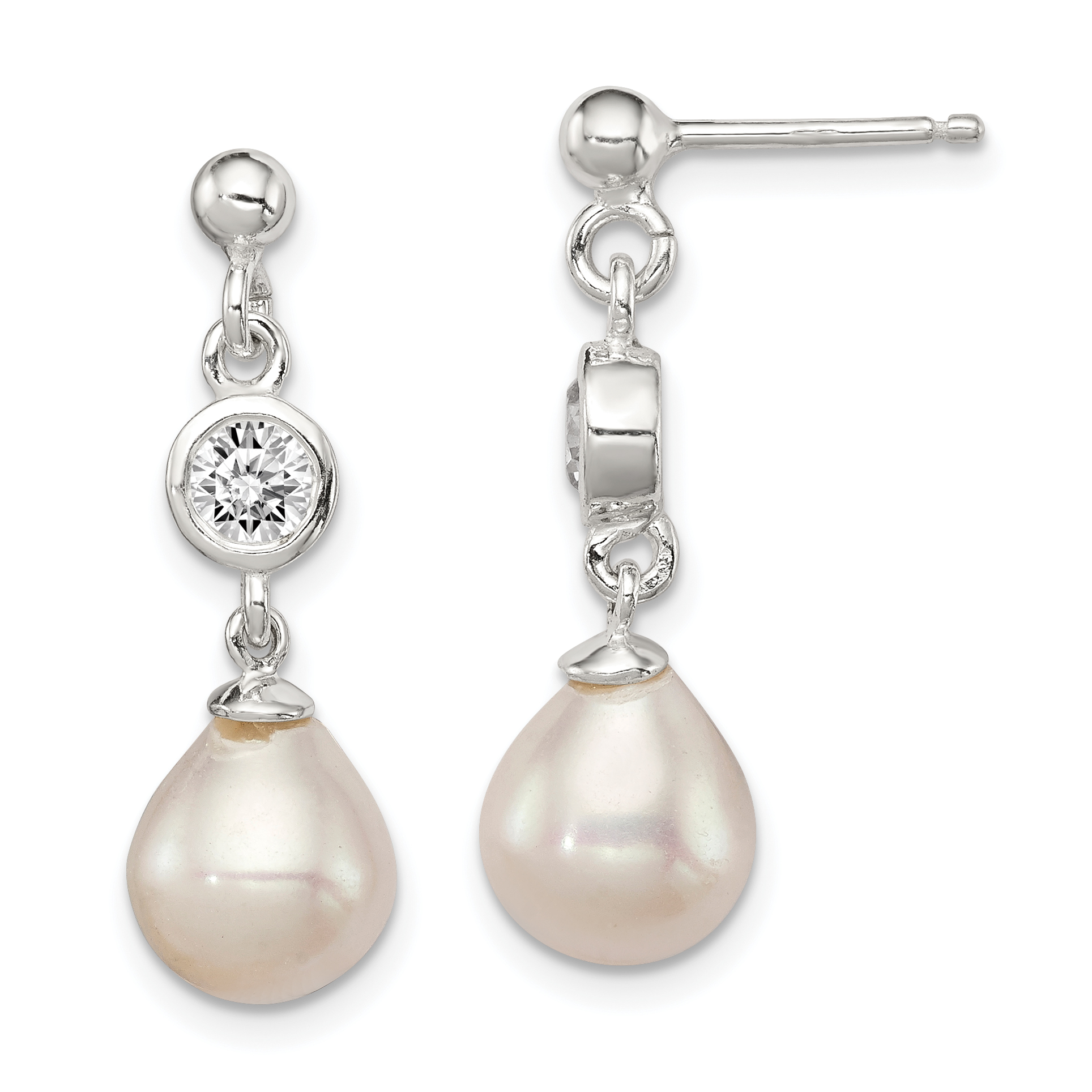 Sterling Silver Polished FWC Pearl and CZ Post Dangle Earrings (QE9323)