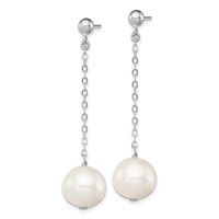 Sterling Silver Rhodium-plated 10-11mm White Round Freshwater Cultured Pearl Dangle Post Earrings view 2