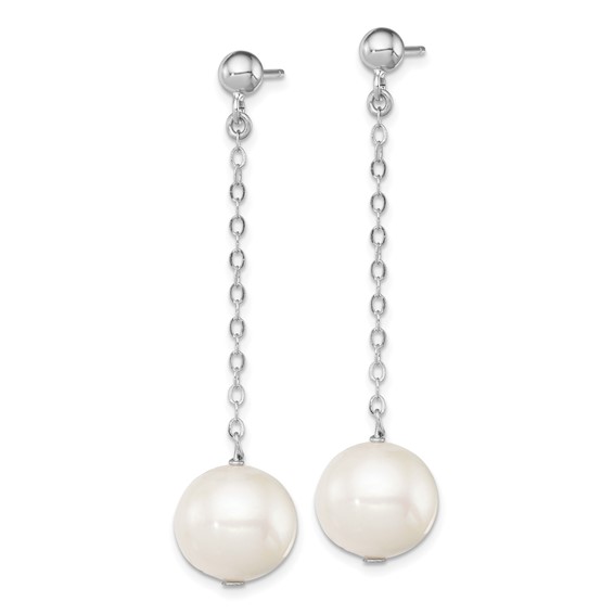 Sterling Silver Rhodium-plated 10-11mm White Round Freshwater Cultured Pearl Dangle Post Earrings